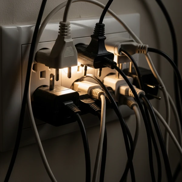 numerous electrical cords and adapters plugged into one outlet, a clear sign of an overloaded circuit for tenants to watch for