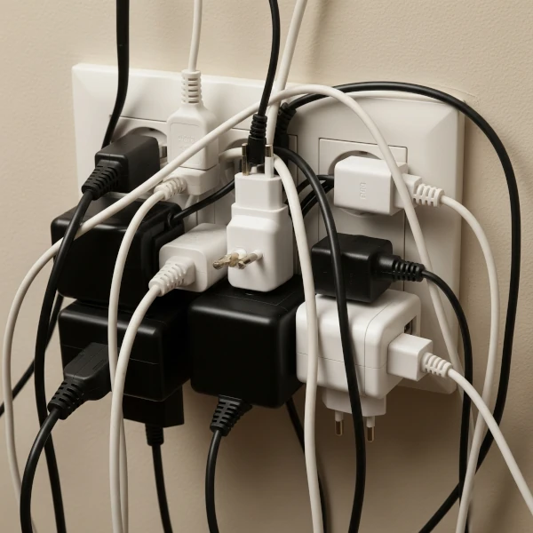 overloaded electrical outlet with multiple plugs and power strips, a common fire hazard in homes – an essential electrical safety tip for tenants