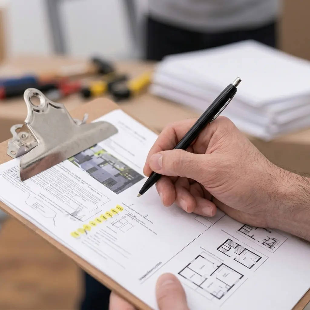 Inspector reviewing rental minimum standards documents and a property floor plan