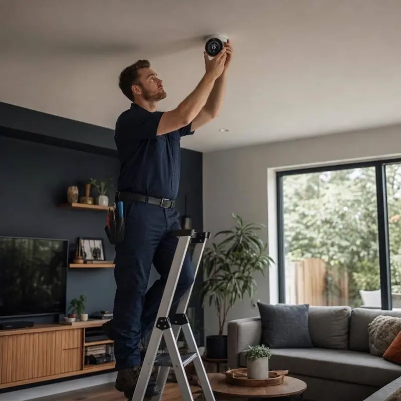 Technician testing a smoke alarm on a ceiling from a ladder in a home