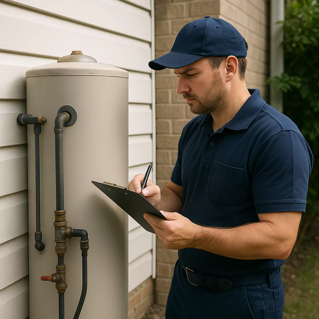 gas plumber checking hot water unit at a rental property