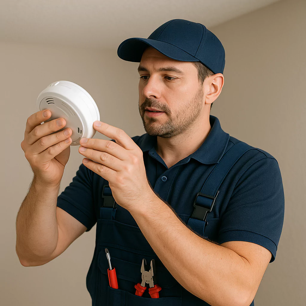 Electrician examining a smoke detector on a home ceiling