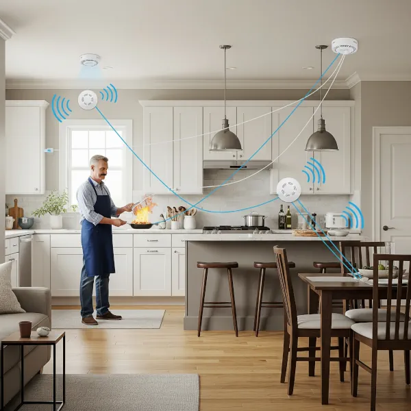 Smoke alarms throughout a home alarming due to a kitchen fire, highlighting the function of smoke detection systems