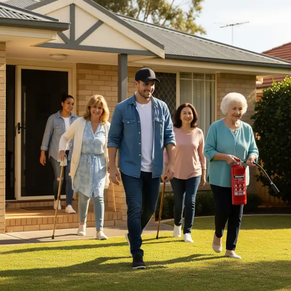 A diverse group of people, including children and seniors, practice a fire escape plan by exiting an Australian home, emphasizing preparedness.