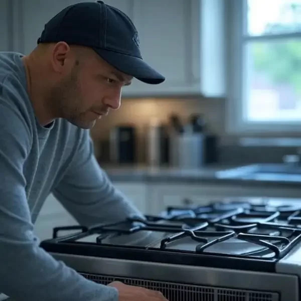 A person in a gray long-sleeve shirt and cap inspecting a gas stove in a modern kitchen, focusing on the burner area for safety.